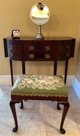 Adorable antique vanity table and needlepoint stool.