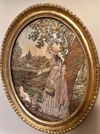 Stunning embroidery, Church way in background, girl spreading seed for chickens. 