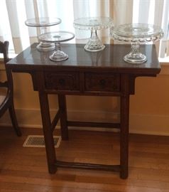 Primitive wooden altar table with 2 drawers, glass cake stands