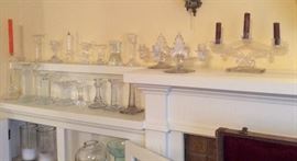 MANY glass candlesticks, vintage & newer including Tiffany dolphin candlestick, Villeroy & Boch, Martinsville