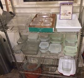 Glass food storage containers by Pyrex, Anchor Hocking, GlassLock & more. Also Pyrex baking dishes & pie pans, red Emile Henry lasagna pan. Metal rack (shelf) by NFS is also for sale - we have several in assorted sizes, 3 & 4 ft. wide.