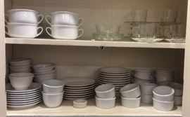 Williams-Sonoma "Essential White" soup bowls with handles, Buffalo "Manhattan" restaurant china plates & bowls (white with black rim), ramekins, white Fiesta custard cups, Arcoroc glass cups & saucers