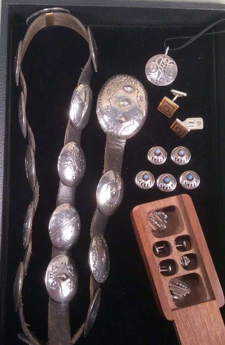 Obara sterling concha belt from Taos, round sterling pendant (signed MEO), antique English sterling & enamel square cufflinks, Navajo button covers, sterling "Buck Rogers" cufflink & stud set by David Dear (in wood box)