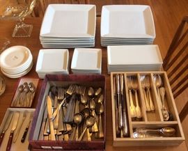 Square plates by Vertex, stainless flatware, Williams Sonoma silverplate flatware set in wooden tray (service for 16)