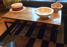 "Rustic industrial" coffee table - wood slab top with metal base (37.5"L x 18.5"D x 18"H), Italian straw boater, spalted maple wooden bowls by Don Seaman (Orcas Island)