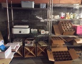 Metal wire shelves by NSF (each is 47"L x 18"D x 75"H), Hamilton Beach 18 qt. roaster, wooden wine storage boxes, LOTS of wine glasses