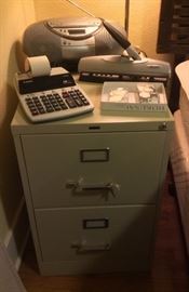 Locking legal size file cabinet, Canon adding machine, Sony boombox CD/casette player (CFD-S350)