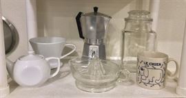 Ceramic coffee funnel, Bialetti stove top espresso maker, reamer, 1978 Taylor & Ng dog mug
