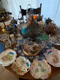 HAND PAINTED NIPPON.  BEAD WORK FLAT ON TABLE SILVER PLATE BASKET AND GLASS CREWET SET PICKEL CASTER AND SUGAR BOWLS.