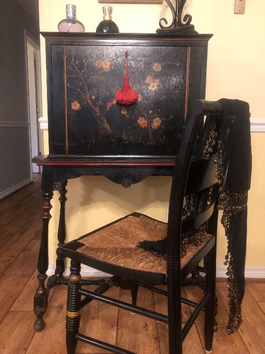 Black with Floral Design Antique secretary desk 