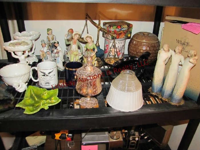 23 pcs: statues, cups, tins, decor bowls, cookie jar, glass shade & other