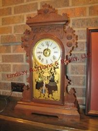 Antique wood mantle clock by Eight Day 
PEP EN. Well Company 14x23 (has pendulum & key)