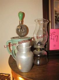 3 pcs: Pottery style hand mixer, kerosene lamp & 
aluminum syrup container
