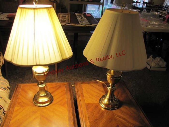  2 - brass lamps 3 way bulbs approx 32" t
