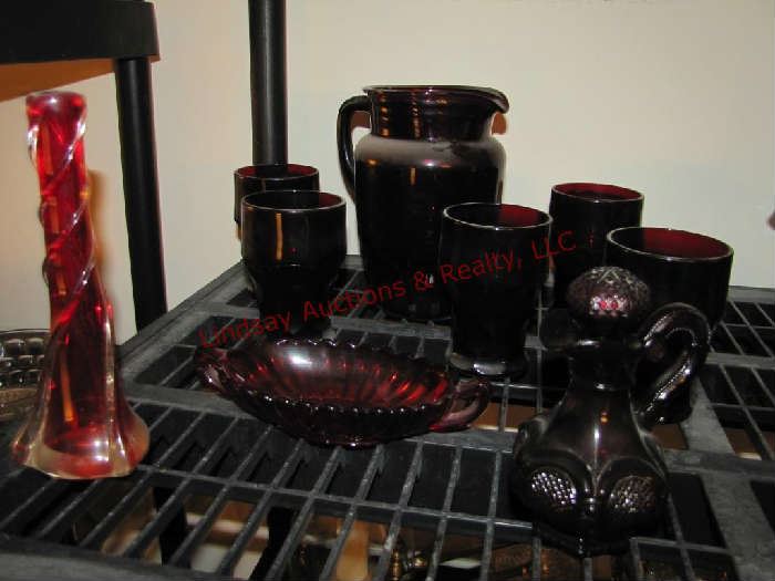 8 pcs red glassware: pitcher, glasses, vase, vinegar cruet & candy dish