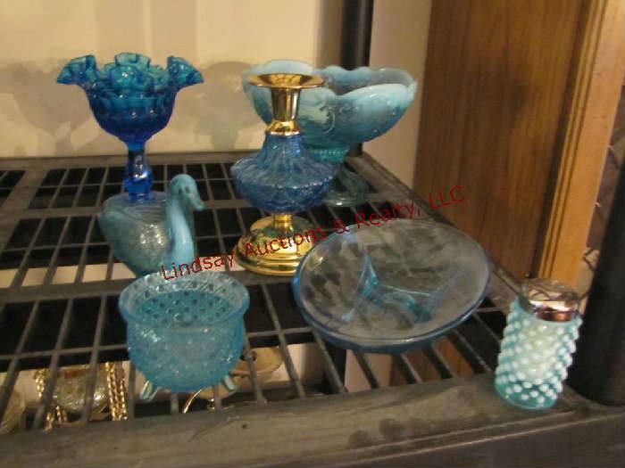 7 pcs blue glassware: swan, candy dishes,candlestick holder & other