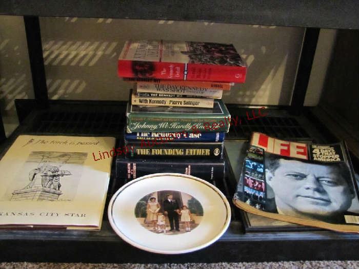 14 John F Kennedy pcs: books, plate & Life magazines