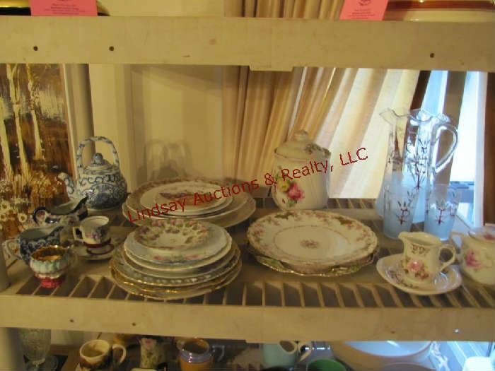Approx 26pcs mixed plates, teacups, saucers, teapots, cookie jar, pitcher, glasses & cream/sugar