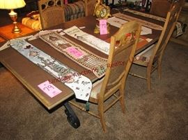 Stanley Table w/ 2 leaves, covers & 5 chairs 
metal legs 90x42, Buffet 48x20x28.5 & China Hutch 55x17x78 (missing glass in right door)