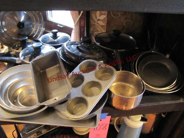 6 pc skillet set, T-fal pot/pan set w/ lids, 2 - Revere ware pots & baking pans