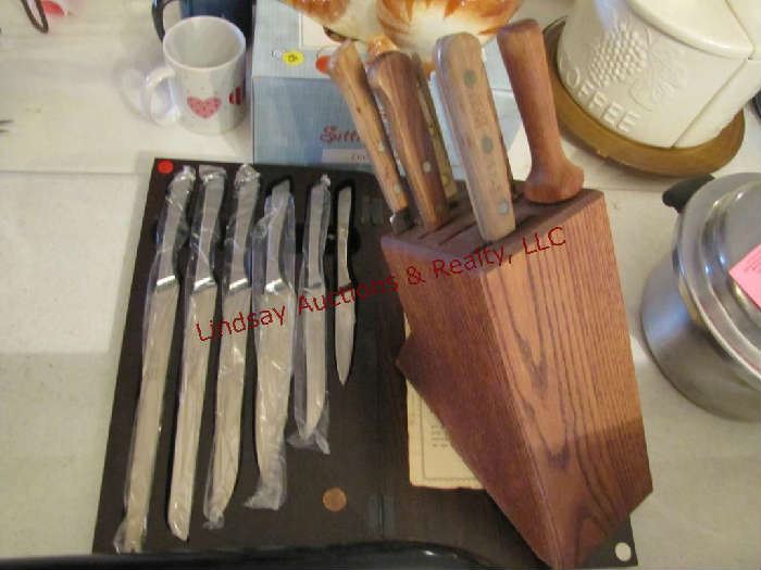 2 - knife sets (6 pc handmade) & (1 - mixed knives w/ block)