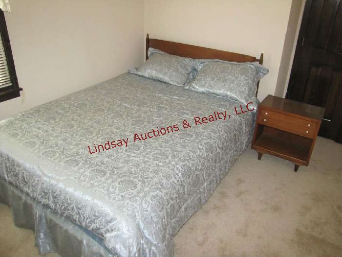 58" Full size bed w/ night stand 22x14x23 w/ mattress, box springs & bedding (must take all)
