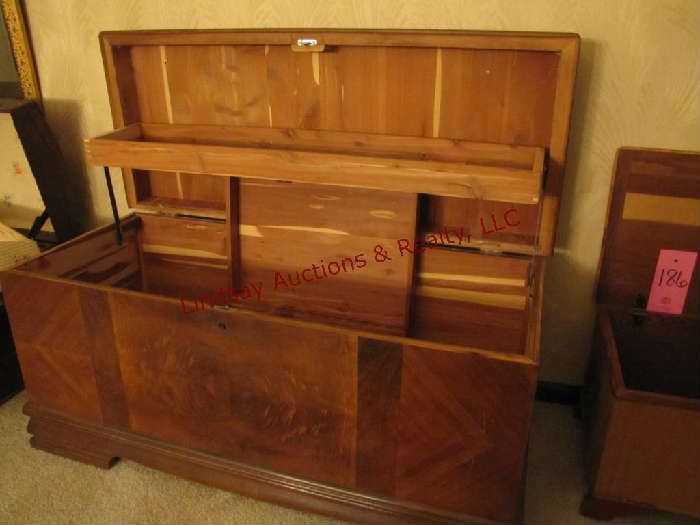 Cedar chest w/ flip up tray & hinged top 44x19x21 & cedar box w/ feet, hinged top & handles 18.5x13x8