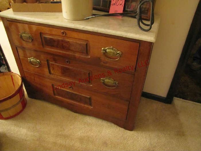 Walnut 3 drawer chest w/ marble style top 39.5x15.5x31