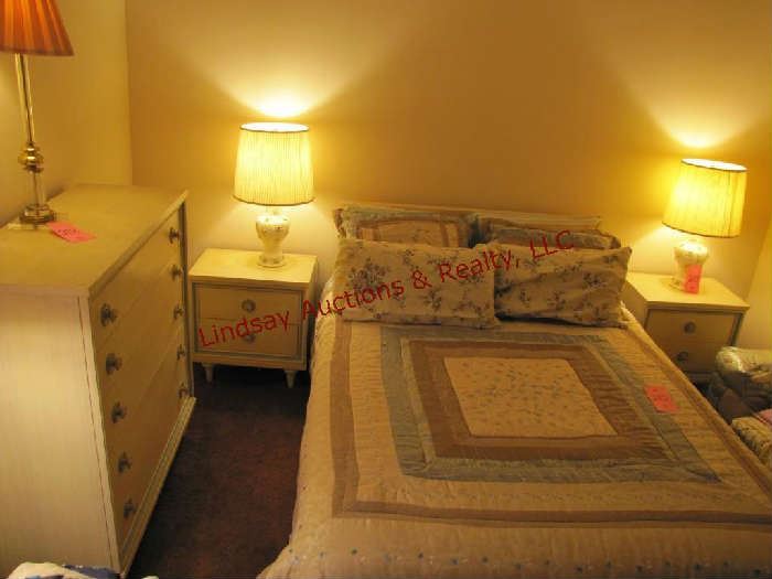 Full size bed 56" w/ 2- 2 drawer night stands 24x16x24.5, 5 drawer chst 42x18x45.5, 9 drawer dresser w/ mirror 74x18x72 (has marble style pcs in top of dresser (1 has crack) 3 drawers are behind door (sells with bedding, mattress, box springs - MUST TAKE ALL)