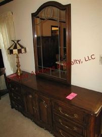Century 9 drawer dresser 76x19 w/ leaded glass mirror 51" tall (3 drawers are behind doors)