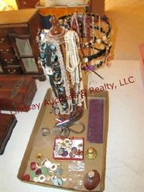 Necklace/Earring stand w/ contents & flat w/
necklace stand w/ contents of costume jewelry