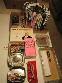 Flat w/ necklace stand, 2 jewelry boxes, cigar box 
2 mirrored perfume holders (1 missing mirror), mixed costume jewelry, & hanging double sided jewelry holder w/ costume jewelry