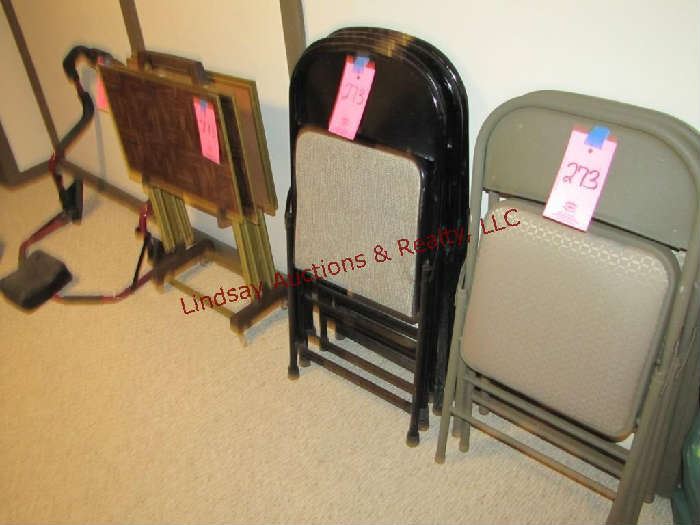6 metal folding chairs: 4 black, 2 grey, Vintage 5 pc set TV trays & ABToner