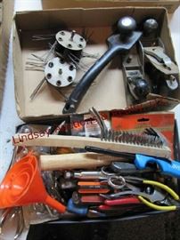 2 flats misc tools: 2 hand planes, hammer, stapler, pliers, screwdrivers, socket set, small wrenches & combo wrenches
