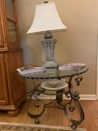  Round glass top side table with lamps, two available 