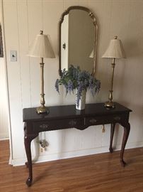 Queen Anne Leg Sofa Table and Mirror and Lamps