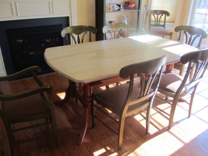 NATURAL TOP KITCHEN TRESTLE TABLE WITH 6 CHAIRS AND WE HAVE 4 MATCHING COUNTER STOOLS!