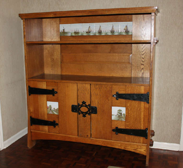 Solid Oak Hutch w/hand-painted tiles from Holland