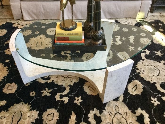 Contemporary oblong glass top coffee table and natural stone base (heavy!) now just $300! Approx 43" L x 32" w x 16" H 