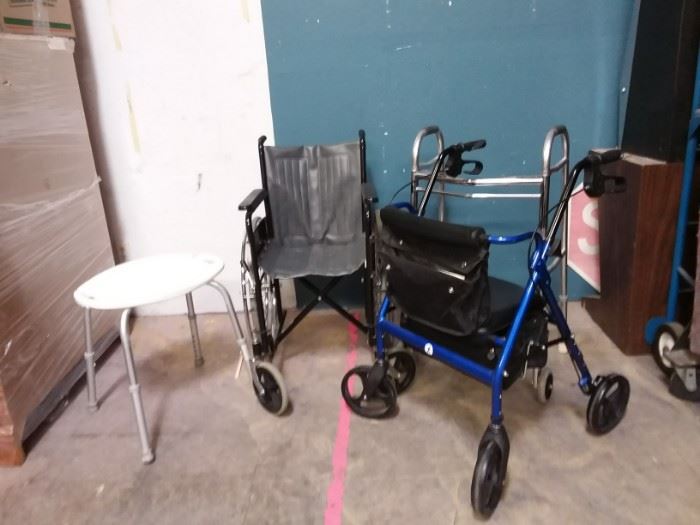 EB921  Hugo Rolling Walker, Tuffcare Wheelchair, Osco Walker, and Rubbermaid Shower Seat