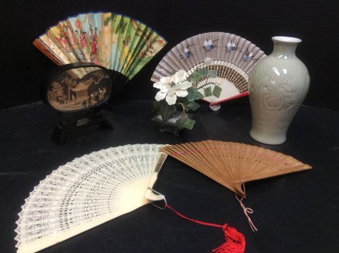 EB910G Jade and Mother of Pearl Floral Sculpture, Carved Cork Sculpture, Fans, and More