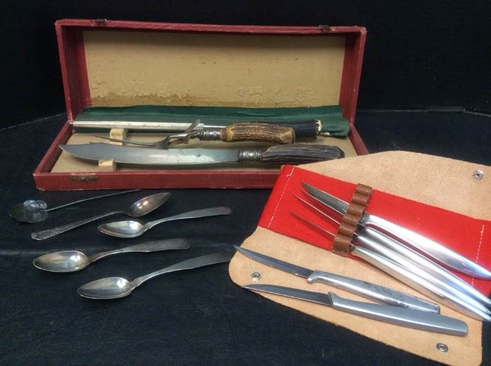 EB911G Vintage Carving Set, Sterling Spoons, and Knives