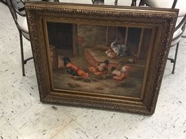 Ornate frame with painting of roosters & chickens
