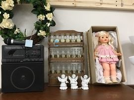 Doll, spice rack with bottles, Angel set, radio,and wreath