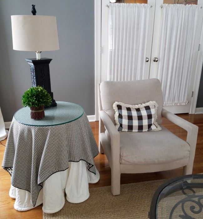 Pair of neutral chairs $50 each. Accent table. Lamp