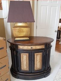 Black painted entry table/cabinet (sideboard) $275. Large lamp $100
