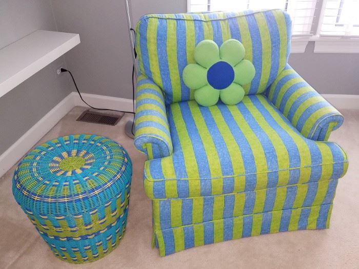 Custom upholstered armchair $350. Cute basket table
