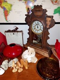 lots of decor and misc. Antique clock for parts