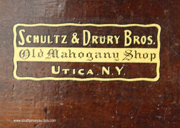 ANTIQUE Burl Mahogany Empire 2 Drawer Work Table by “Schultz & Drury Bros. Utica NY”
Located Inside – Auction Estimate $200-$400