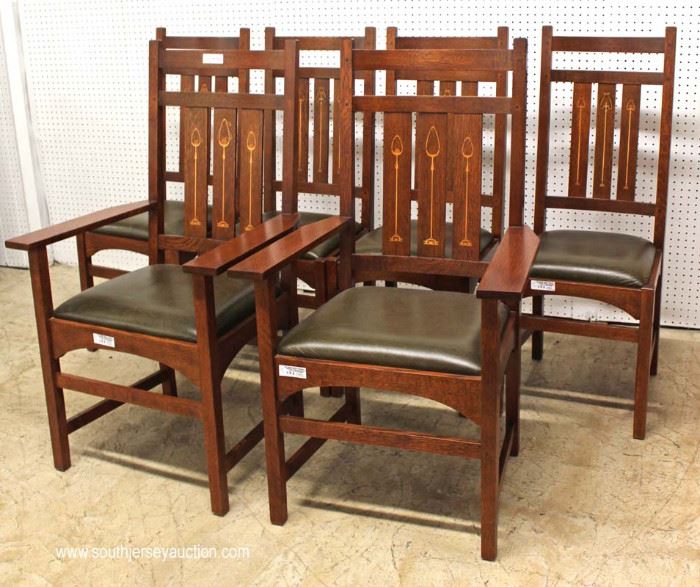 AWESOME BEAUTIFUL 10 Piece Mission Oak Dining Room Set with
2 Matching Corner Cabinets with Arts and Craft Style Leaded Doors and Inlaid Buffet,
Table and 6 Arts and Craft Style Inlaid Chairs Table has 2 Leaves and
Custom Table Pads in LIKE NEW CONDITION by “Stickley Furniture”
May be Offered Separate
Located Inside – Auction Estimate $8000-$15000